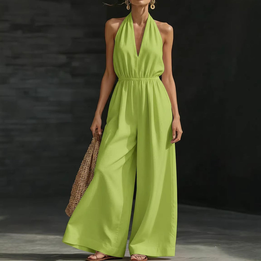 Women's V-Neck Halter Neck Wide-Leg Jumpsuit
