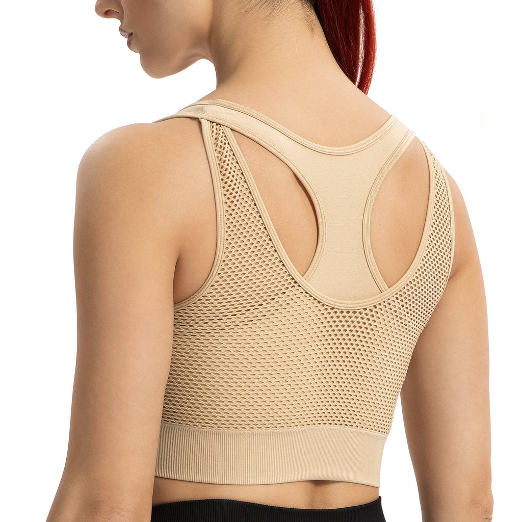 Lange sportbeha voor dames, zonder beugel, gewatteerd, met open details, gemiddelde ondersteuning, geschikt voor yoga, hardlopen en workouts.