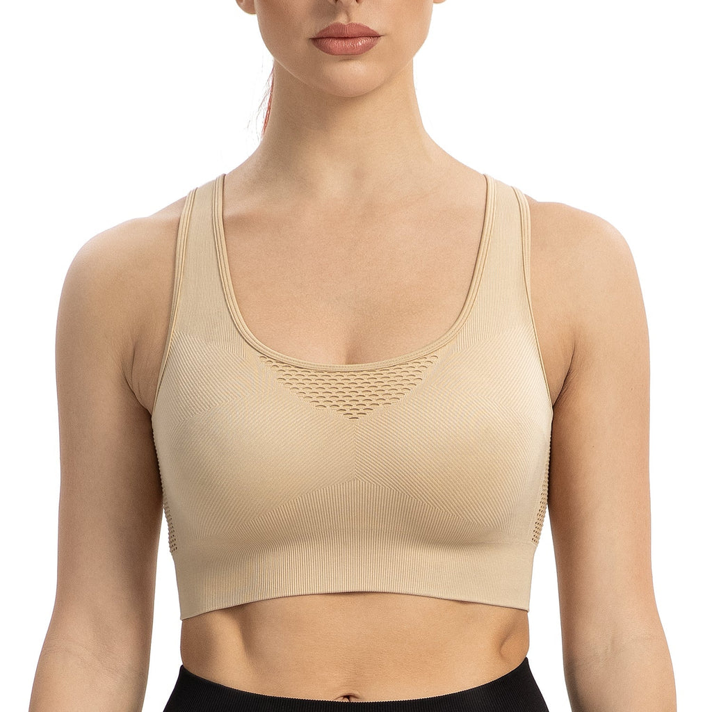 Lange sportbeha voor dames, zonder beugel, gewatteerd, met open details, gemiddelde ondersteuning, geschikt voor yoga, hardlopen en workouts.