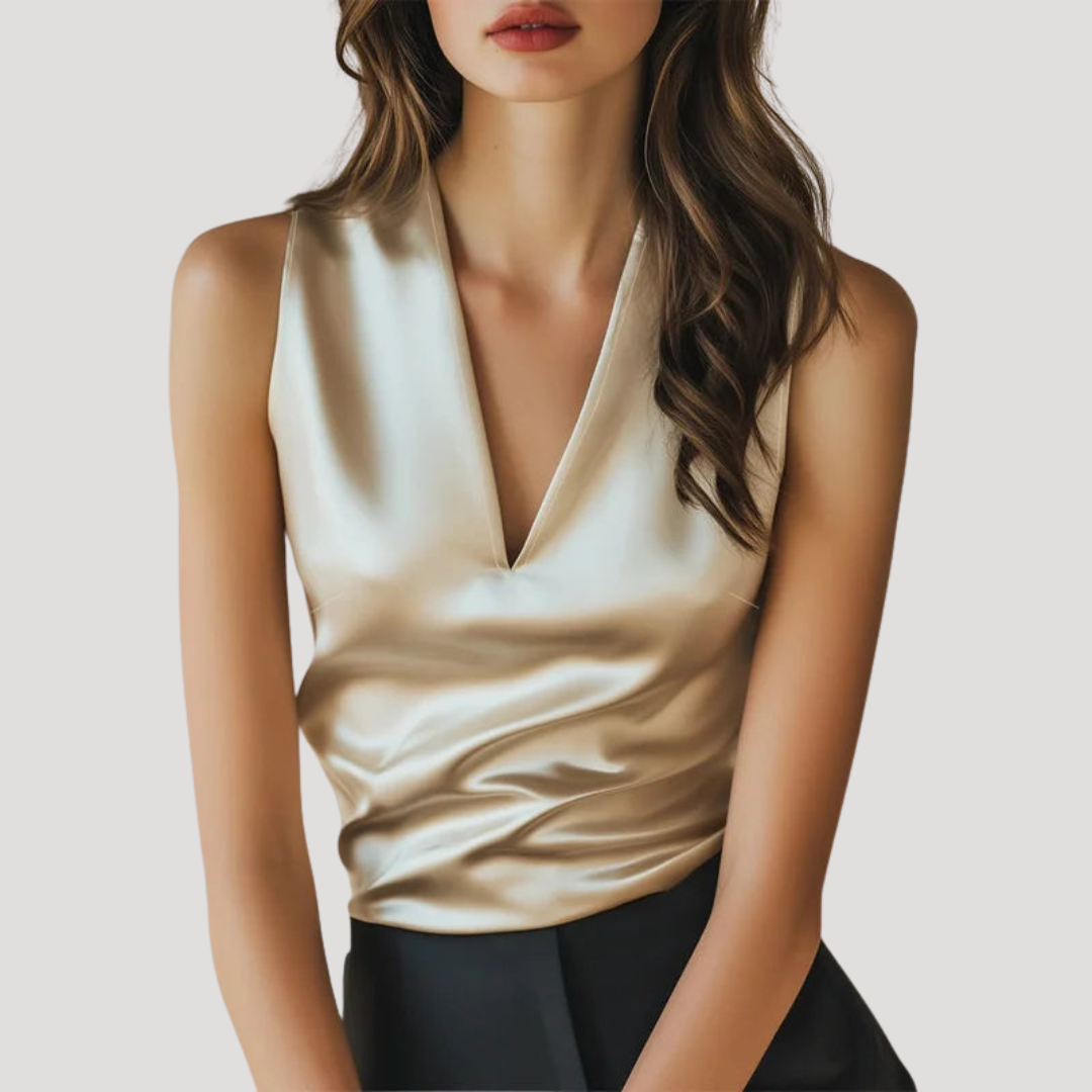 Women’s Elegant Sleeveless Satin V Neck Blouse