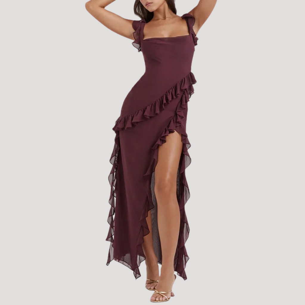 Ruffle Maxi Dress with High Slit for Elegant Evenings