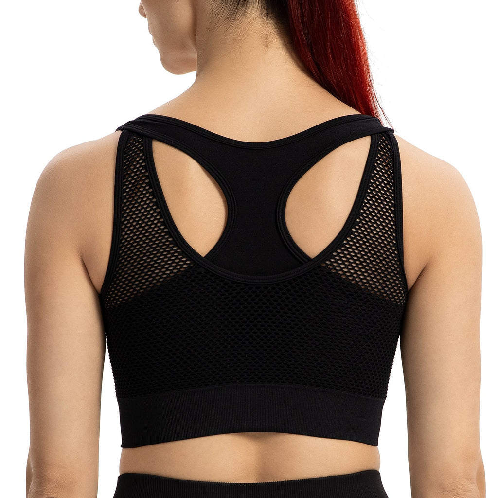Lange sportbeha voor dames, zonder beugel, gewatteerd, met open details, gemiddelde ondersteuning, geschikt voor yoga, hardlopen en workouts.
