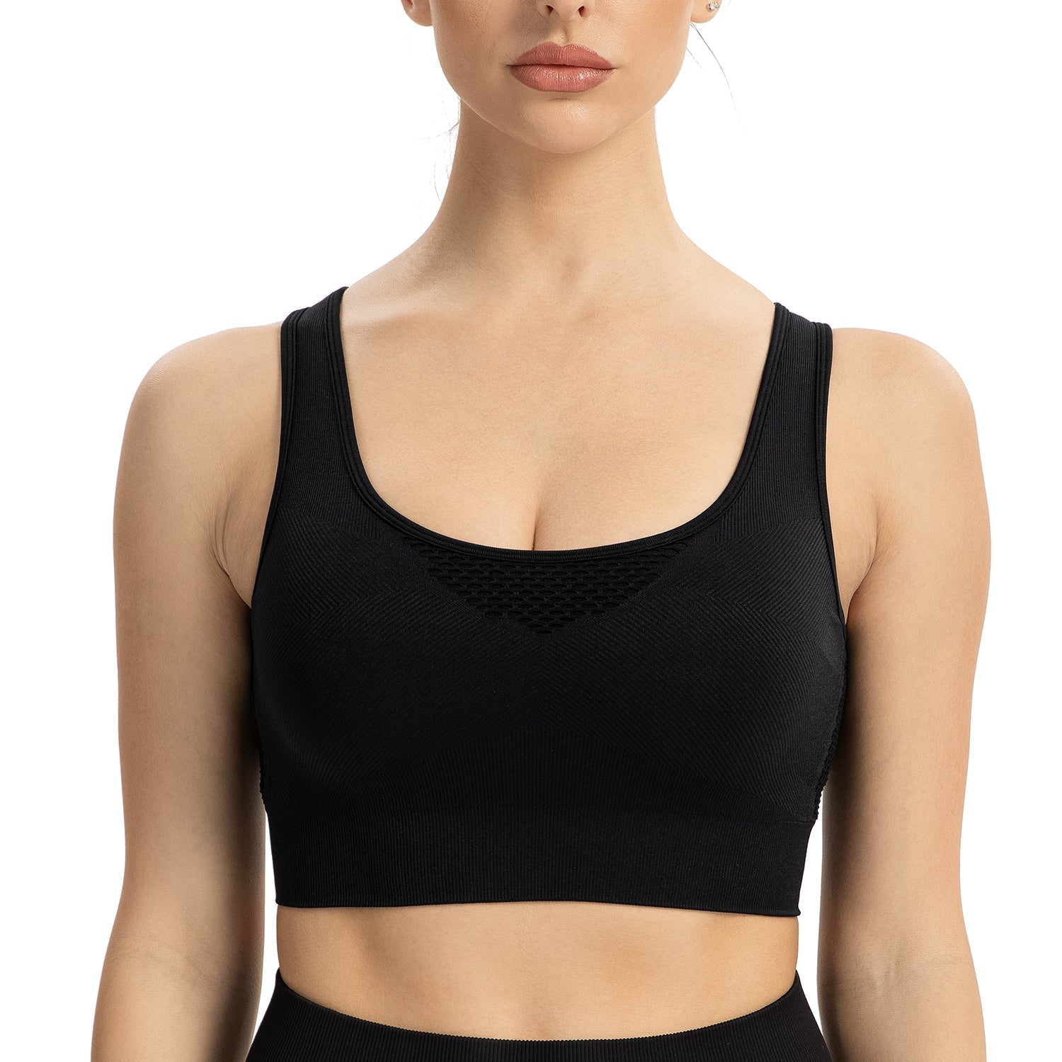 Lange sportbeha voor dames, zonder beugel, gewatteerd, met open details, gemiddelde ondersteuning, geschikt voor yoga, hardlopen en workouts.