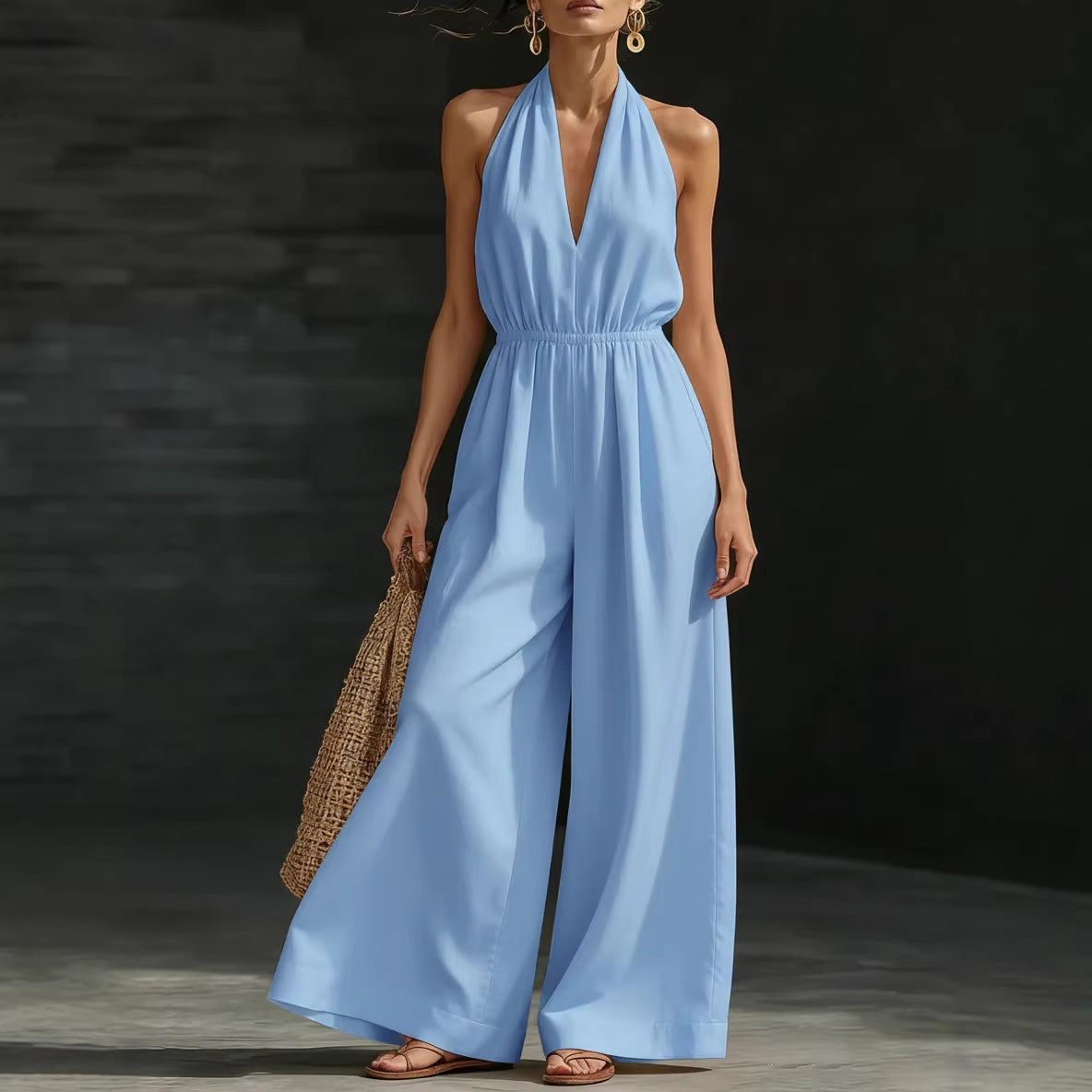 Women's V-Neck Halter Neck Wide-Leg Jumpsuit