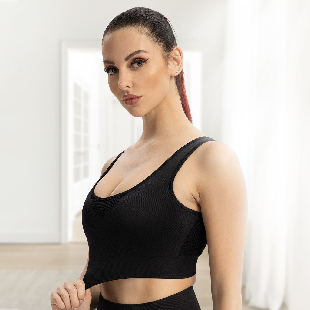 Lange sportbeha voor dames, zonder beugel, gewatteerd, met open details, gemiddelde ondersteuning, geschikt voor yoga, hardlopen en workouts.