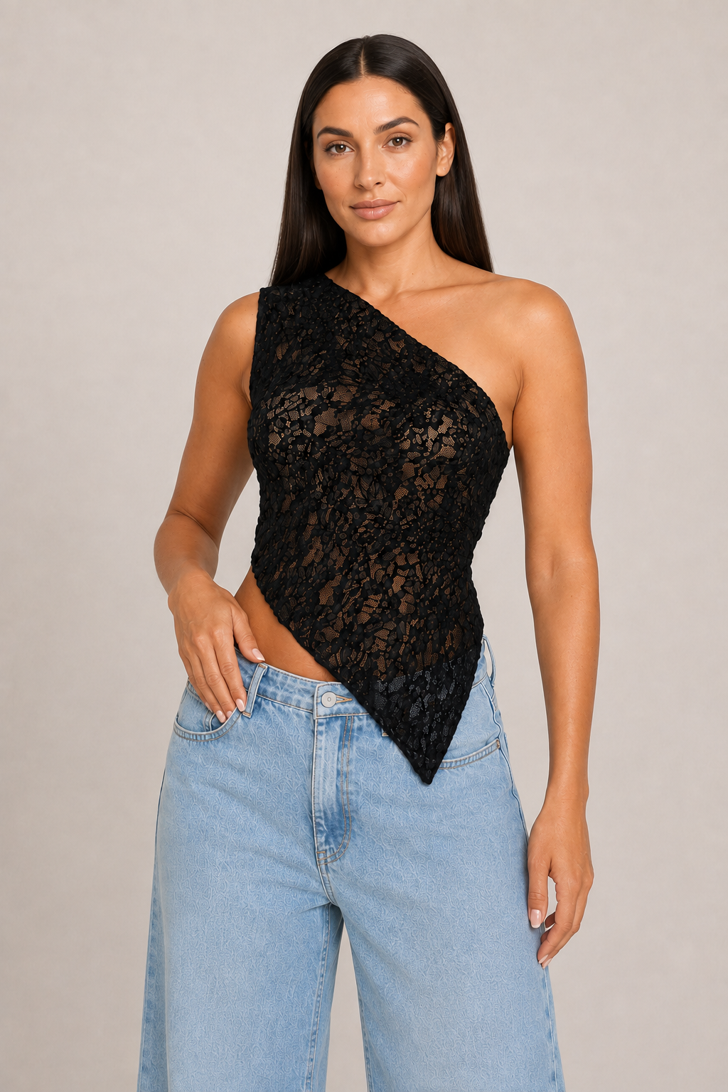 Asymmetric One-Shoulder Lace Tie-Back Top in Black, front three-quarter view