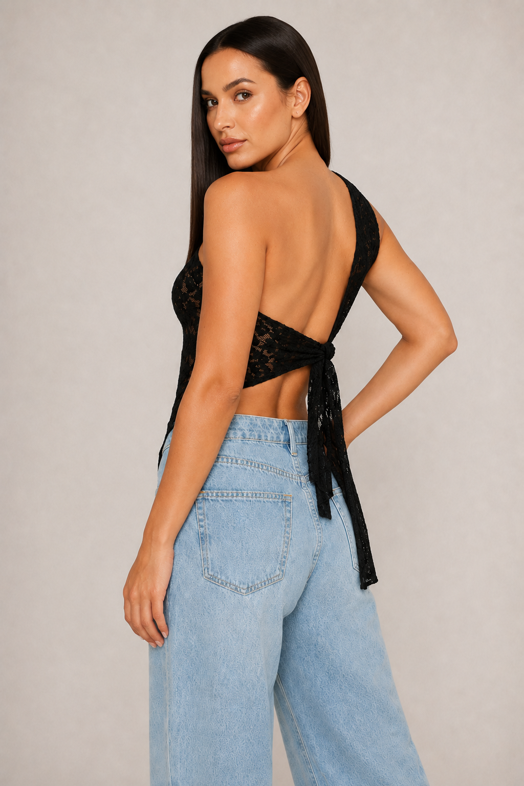 Asymmetric One-Shoulder Lace Tie-Back Top in Black, back view