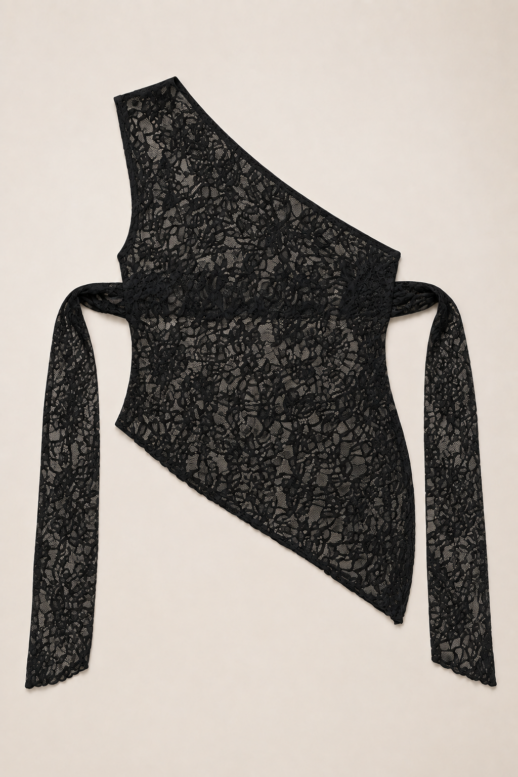 Asymmetric One-Shoulder Lace Tie-Back Top in Black, flat lay