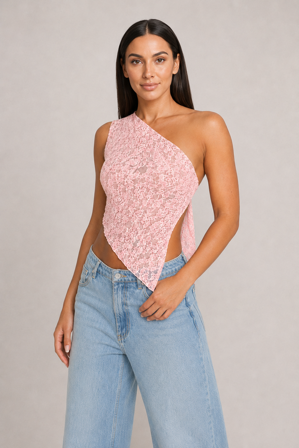 Asymmetric One-Shoulder Lace Tie-Back Top in Pink, front three-quarter view