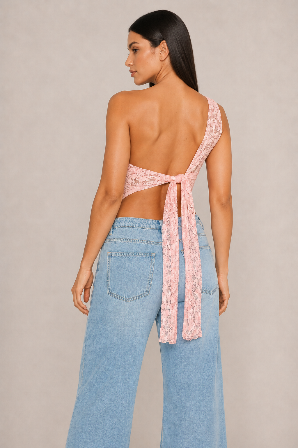 Asymmetric One-Shoulder Lace Tie-Back Top in Pink, back view