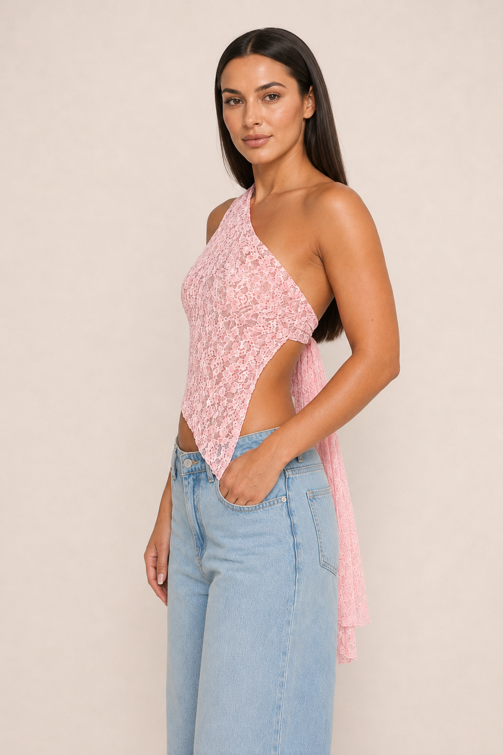 Asymmetric One-Shoulder Lace Tie-Back Top in Pink, side view