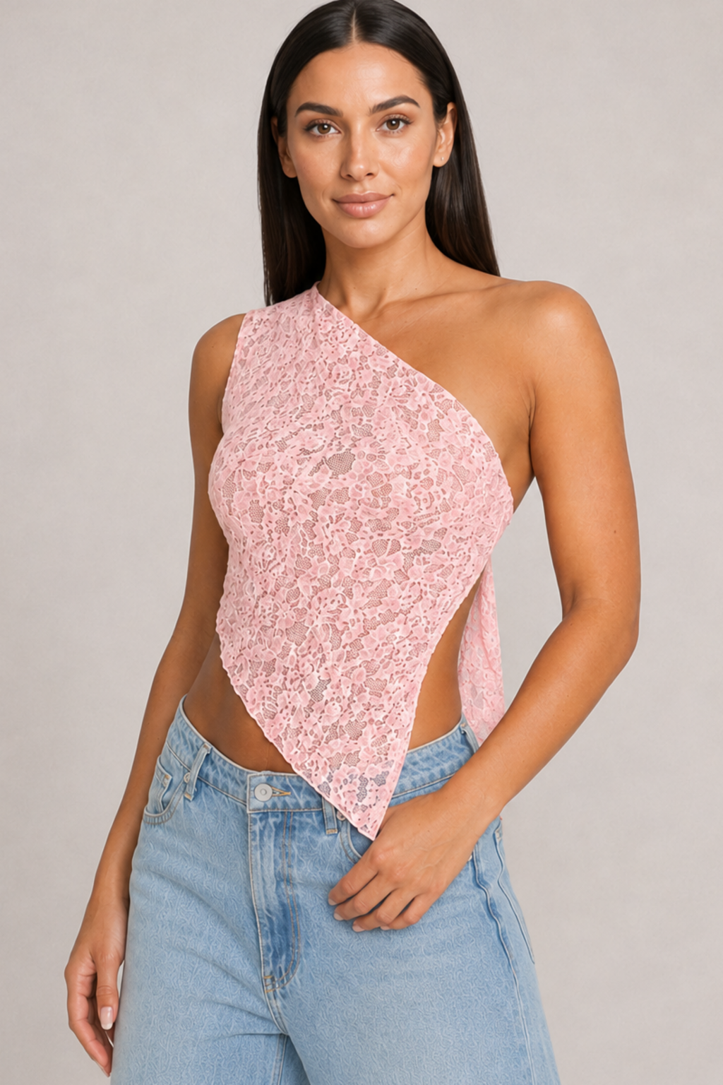 Asymmetric One-Shoulder Lace Tie-Back Top in Pink, lace fabric detail
