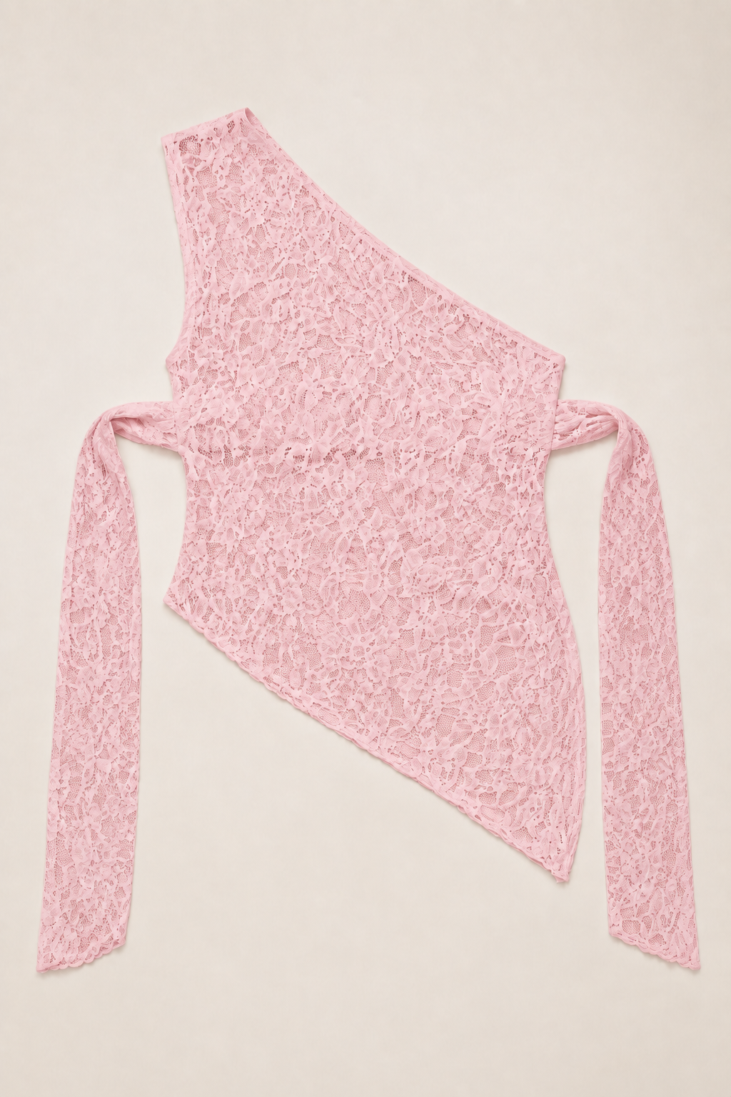 Asymmetric One-Shoulder Lace Tie-Back Top in Pink, flat lay