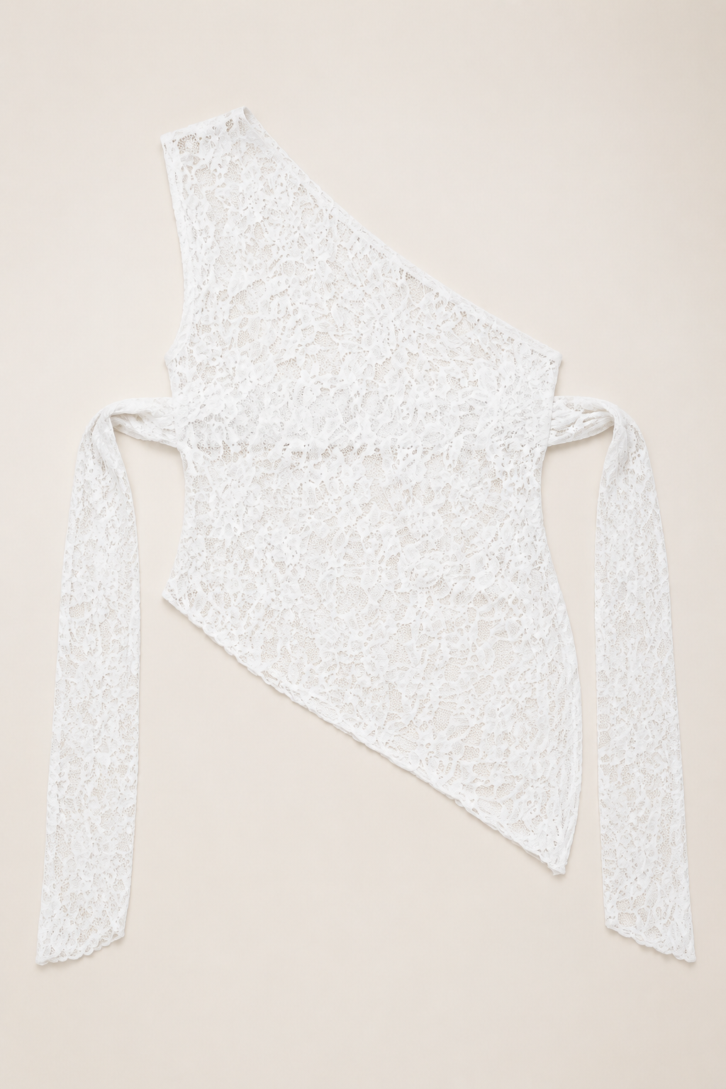 Asymmetric One-Shoulder Lace Tie-Back Top in White, flat lay