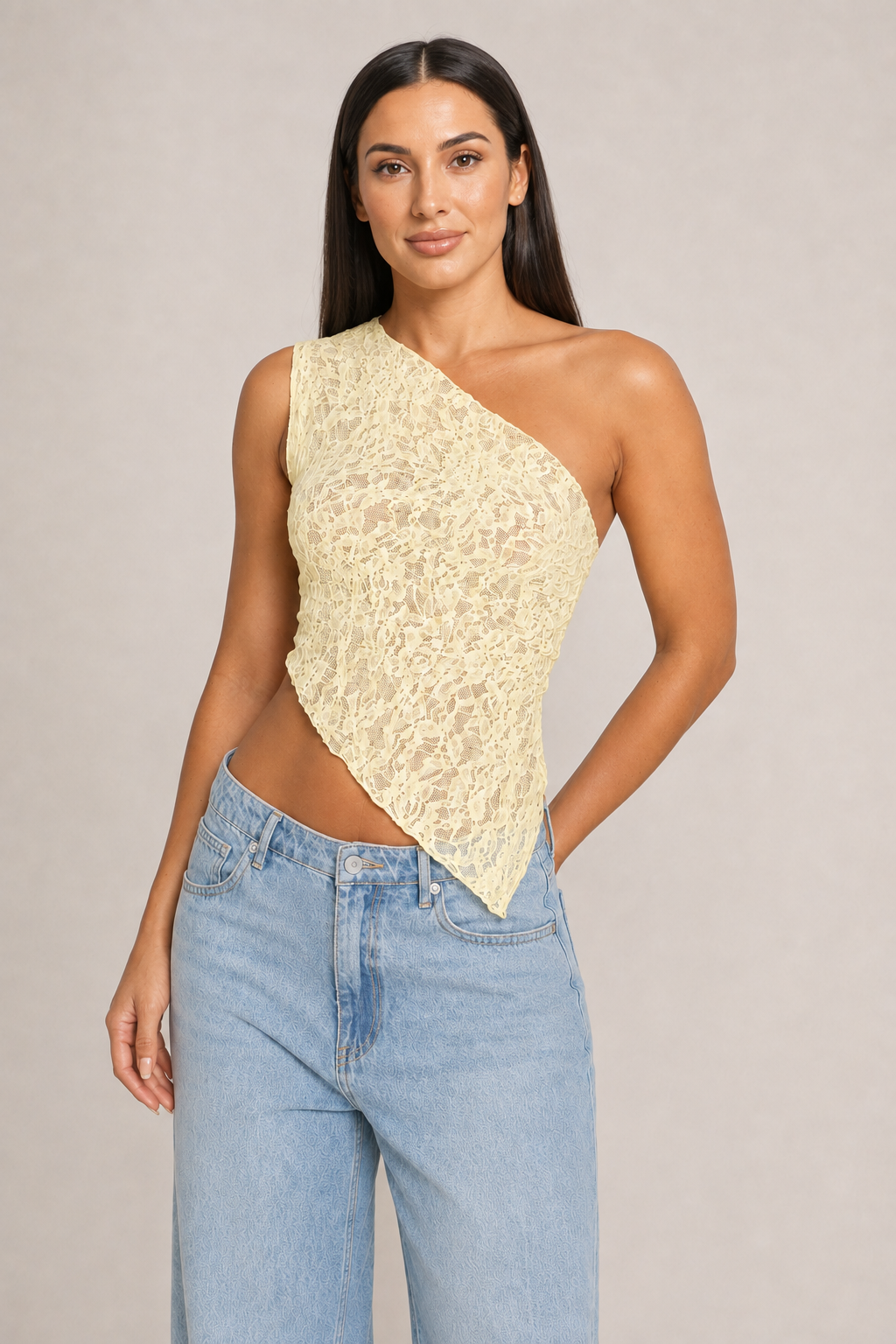 Asymmetric One-Shoulder Lace Tie-Back Top in Yellow, front three-quarter view