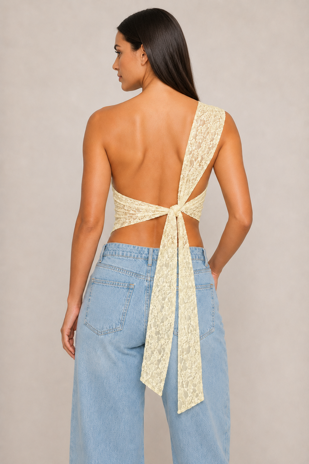 Asymmetric One-Shoulder Lace Tie-Back Top in Yellow, back view