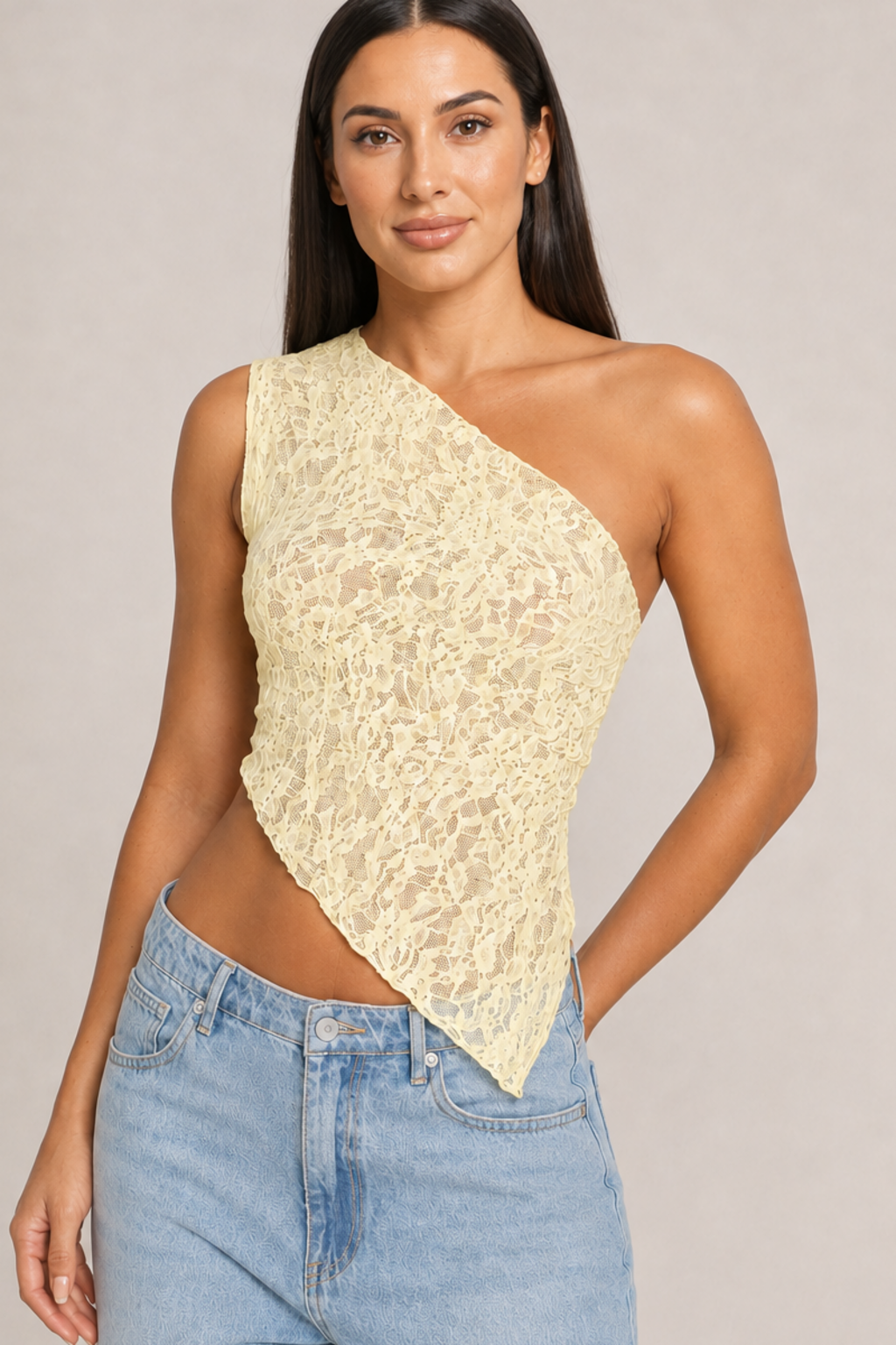 Asymmetric One-Shoulder Lace Tie-Back Top in Yellow, lace fabric detail