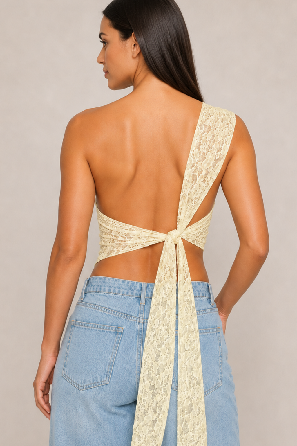 Asymmetric One-Shoulder Lace Tie-Back Top in Yellow, tie-back open-back detail