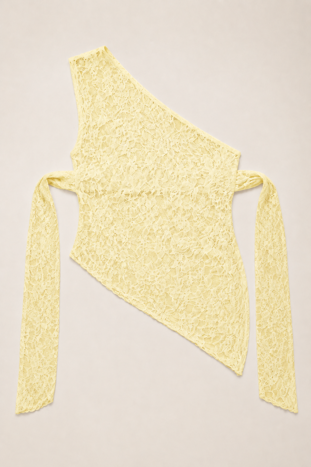 Asymmetric One-Shoulder Lace Tie-Back Top in Yellow, flat lay