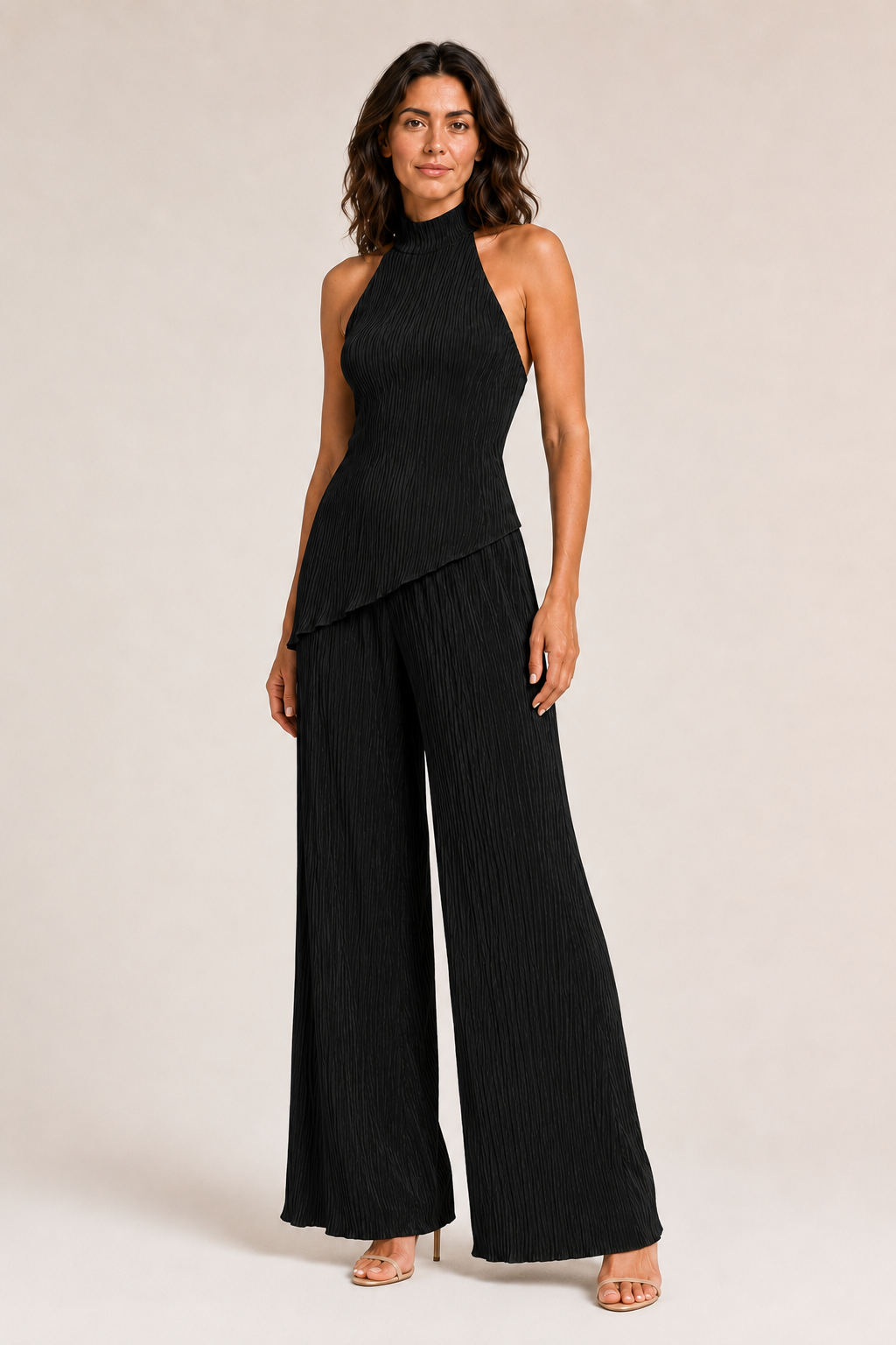 Asymmetric Pleated Top & Wide-Leg Trouser Set in Black, front three-quarter view
