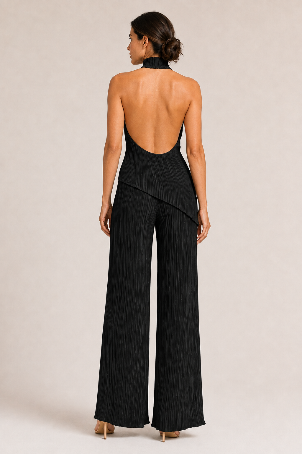 Asymmetric Pleated Top & Wide-Leg Trouser Set in Black, back view