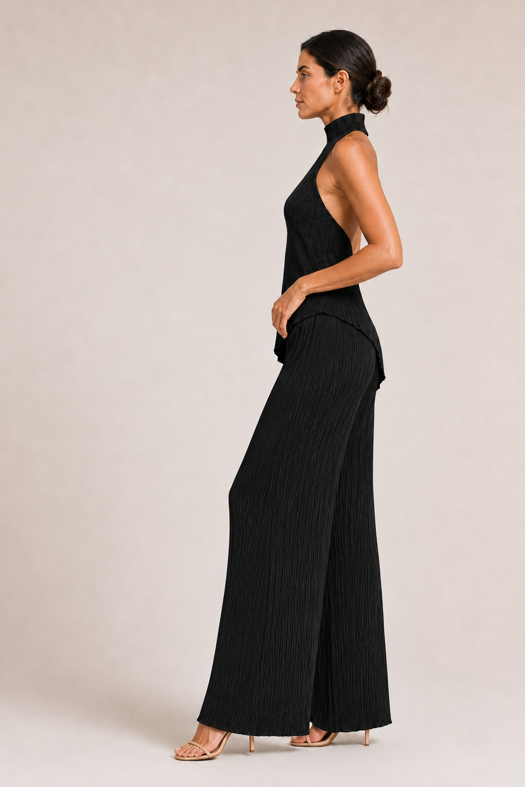 Asymmetric Pleated Top & Wide-Leg Trouser Set in Black, side view