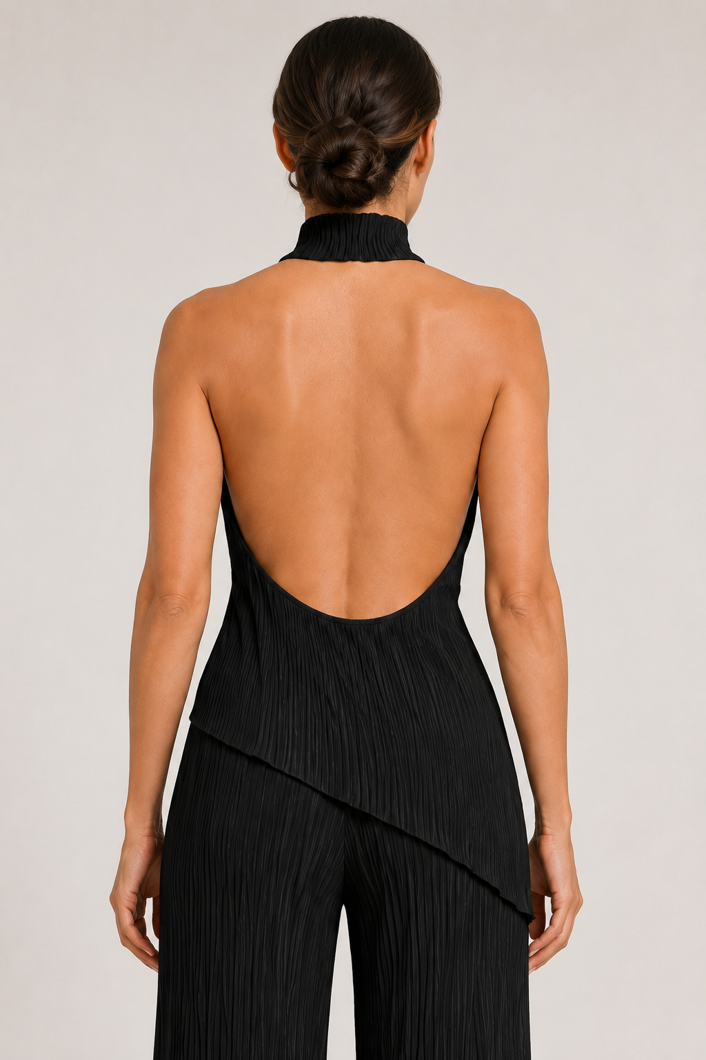 Asymmetric Pleated Top & Wide-Leg Trouser Set in Black, halter-neck open-back detail