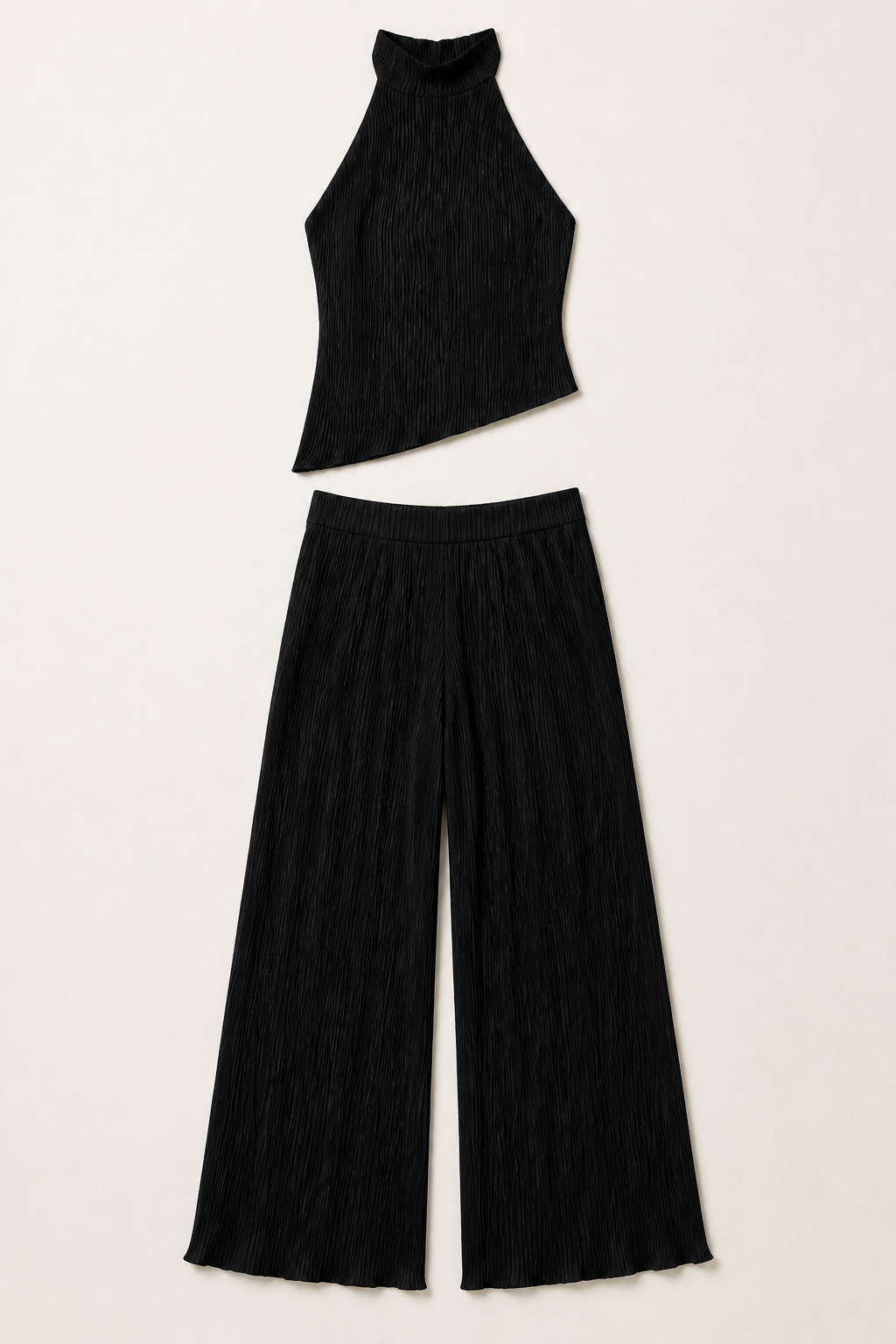 Asymmetric Pleated Top & Wide-Leg Trouser Set in Black, flat lay