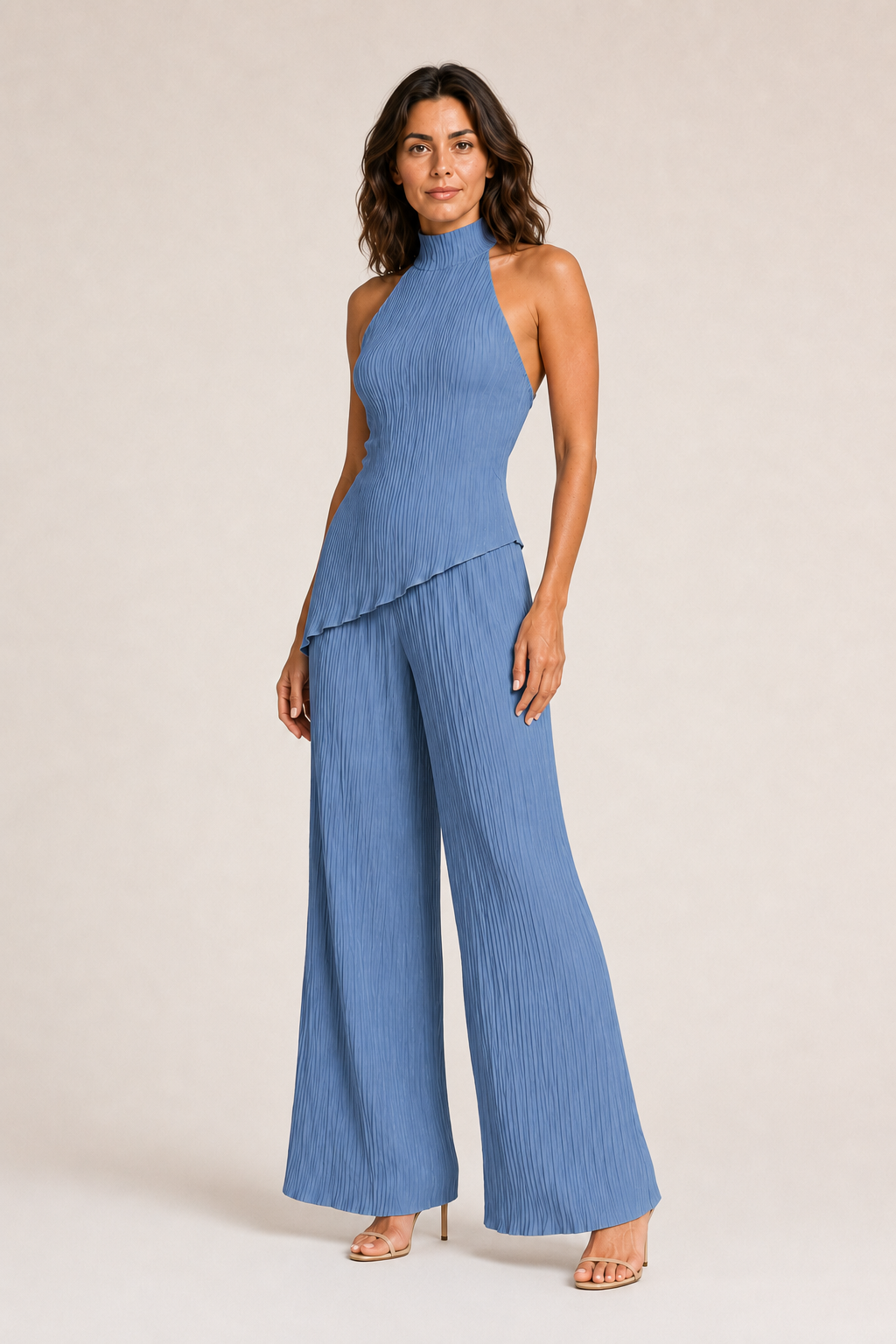 Asymmetric Pleated Top & Wide-Leg Trouser Set in Blue, front three-quarter view