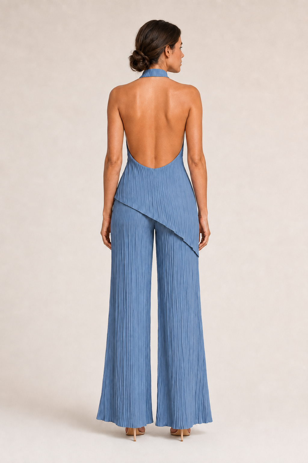 Asymmetric Pleated Top & Wide-Leg Trouser Set in Blue, back view