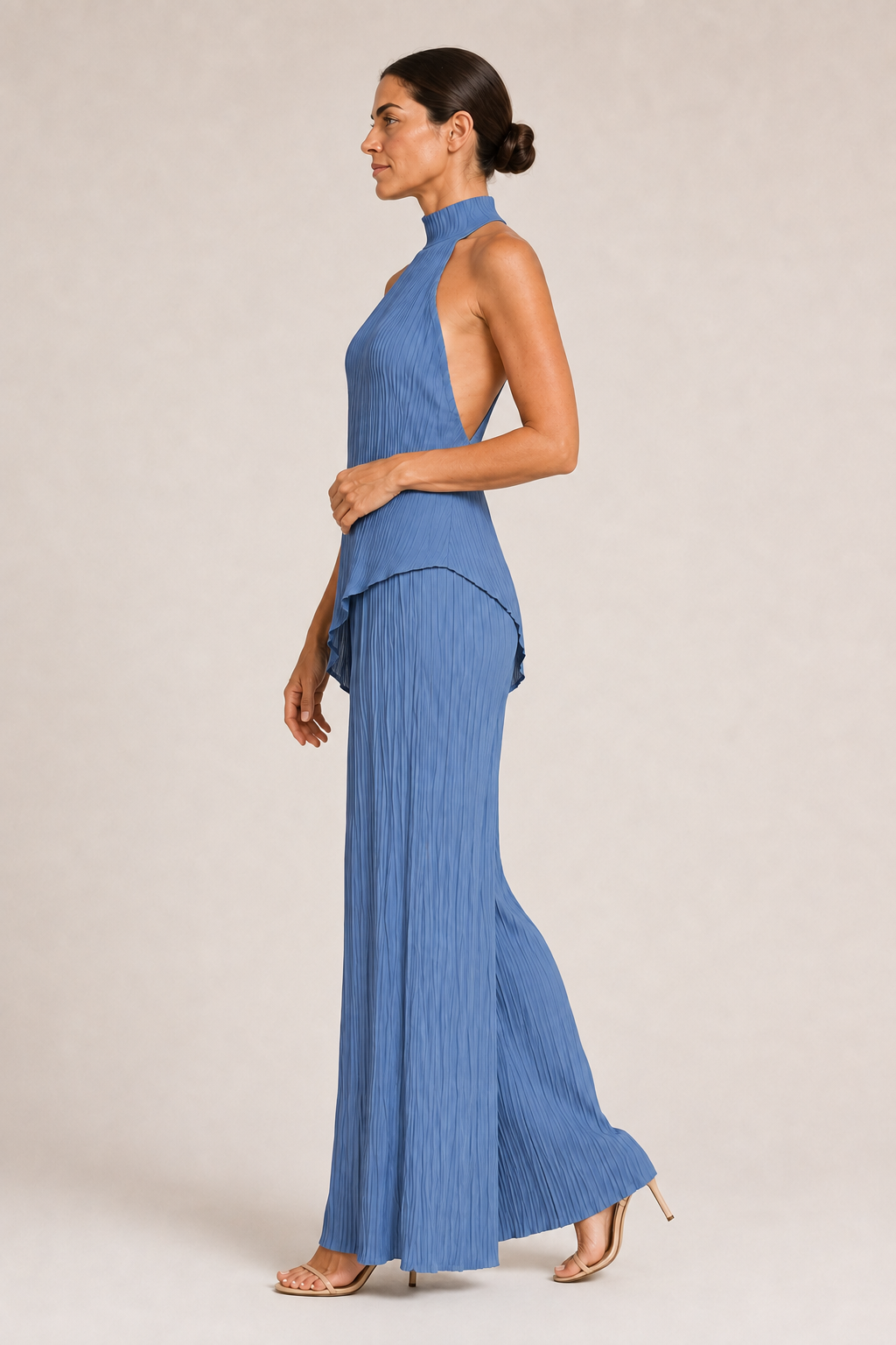 Asymmetric Pleated Top & Wide-Leg Trouser Set in Blue, side view