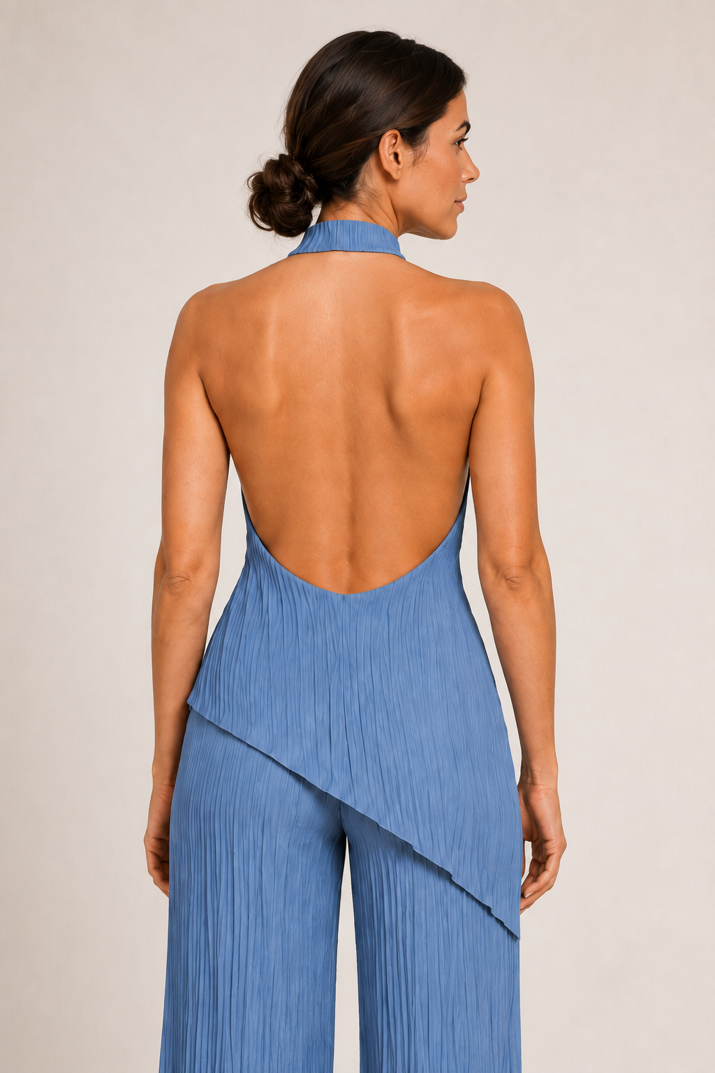 Asymmetric Pleated Top & Wide-Leg Trouser Set in Blue, halter-neck open-back detail