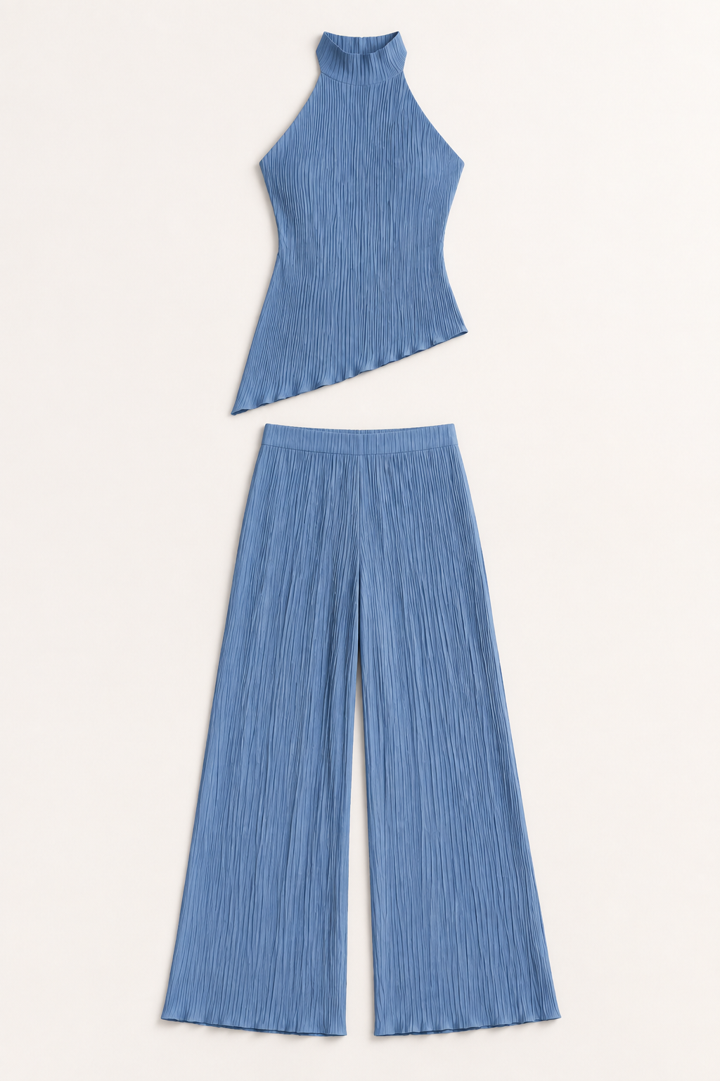 Asymmetric Pleated Top & Wide-Leg Trouser Set in Blue, flat lay
