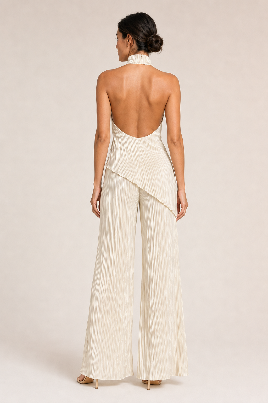 Asymmetric Pleated Top & Wide-Leg Trouser Set in Khaki, back view