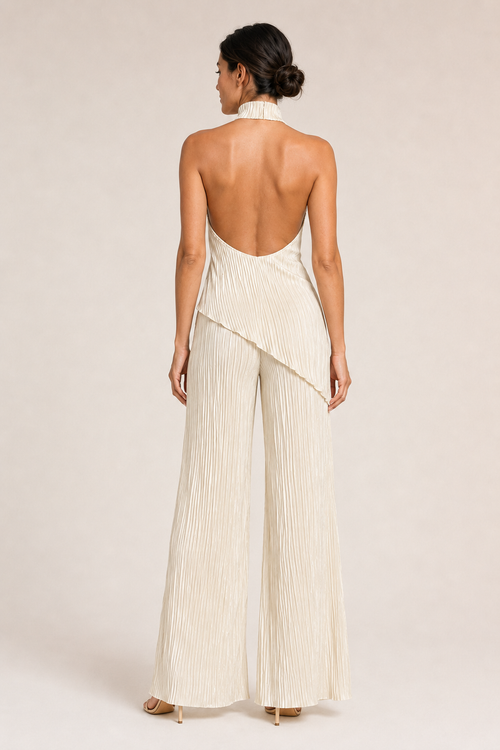 Asymmetric Pleated Top & Wide-Leg Trouser Set in Khaki, back view