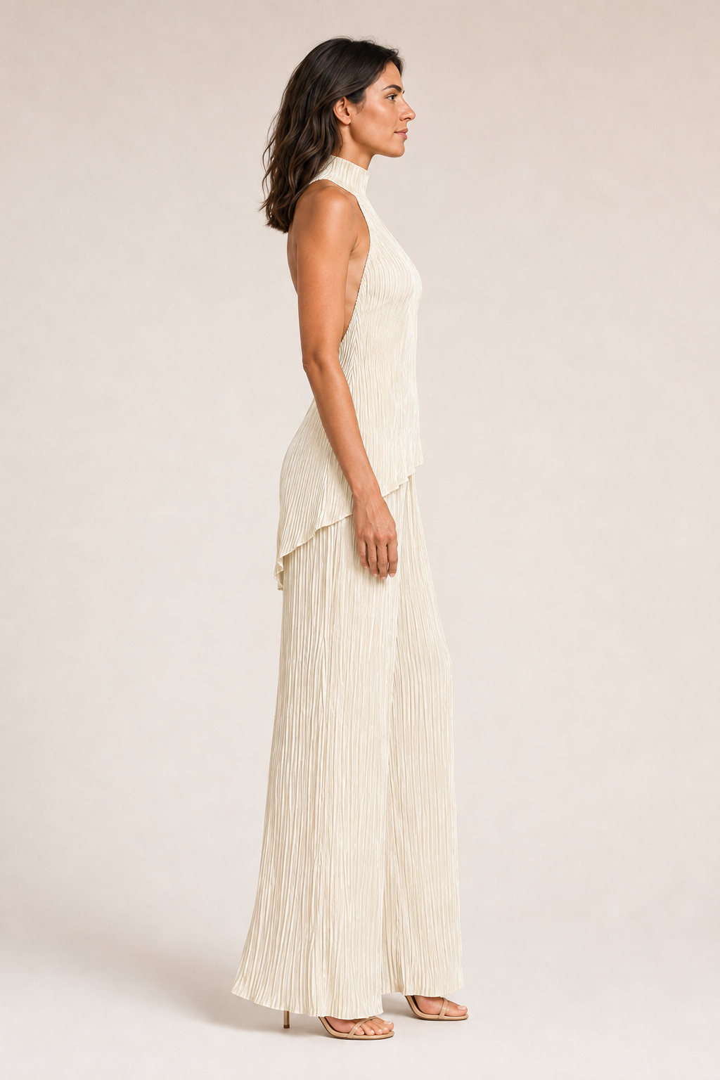 Asymmetric Pleated Top & Wide-Leg Trouser Set in Khaki, side view