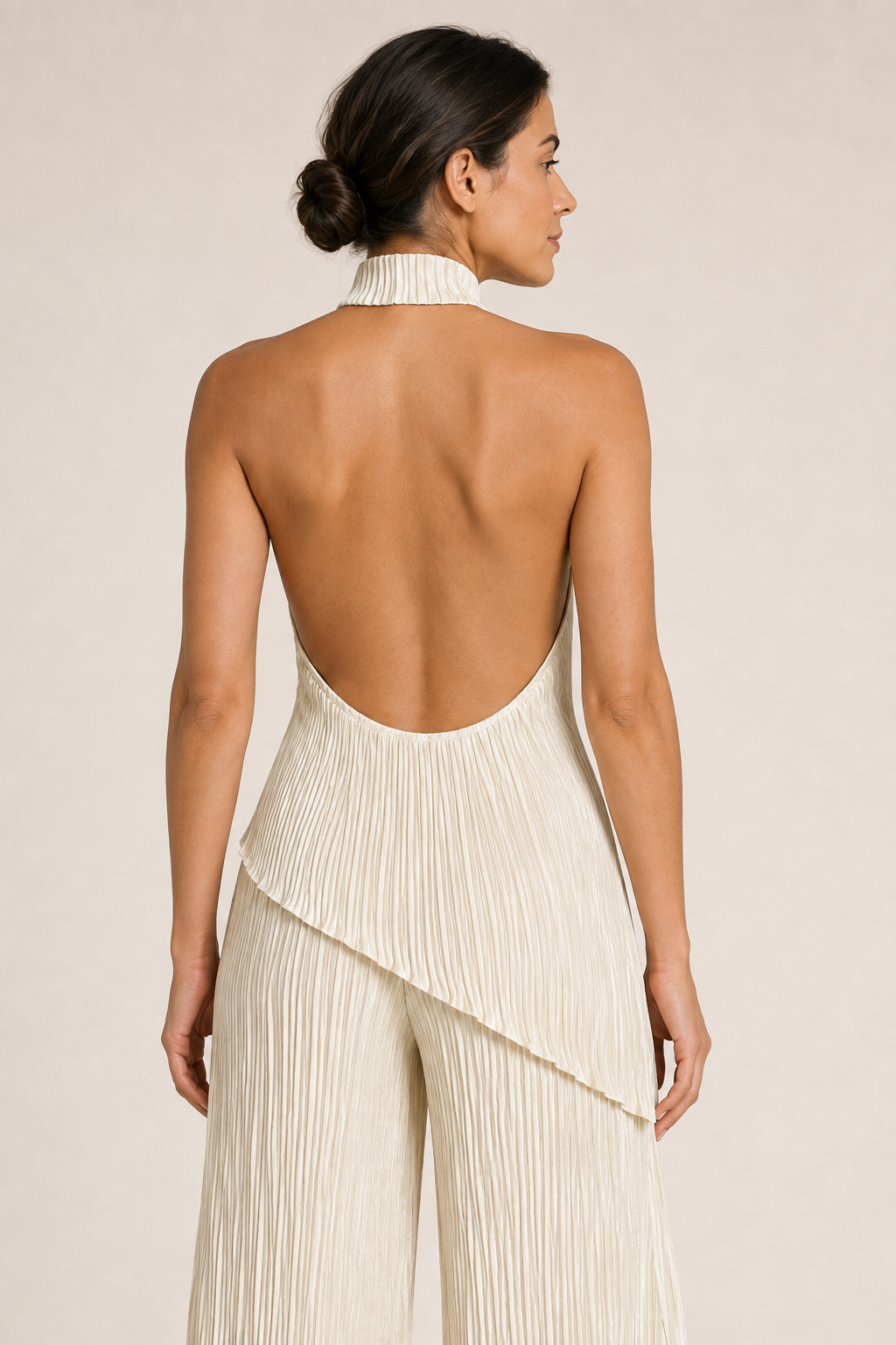 Asymmetric Pleated Top & Wide-Leg Trouser Set in Khaki, halter-neck open-back detail