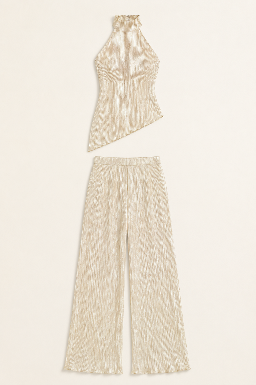 Asymmetric Pleated Top & Wide-Leg Trouser Set in Khaki, flat lay