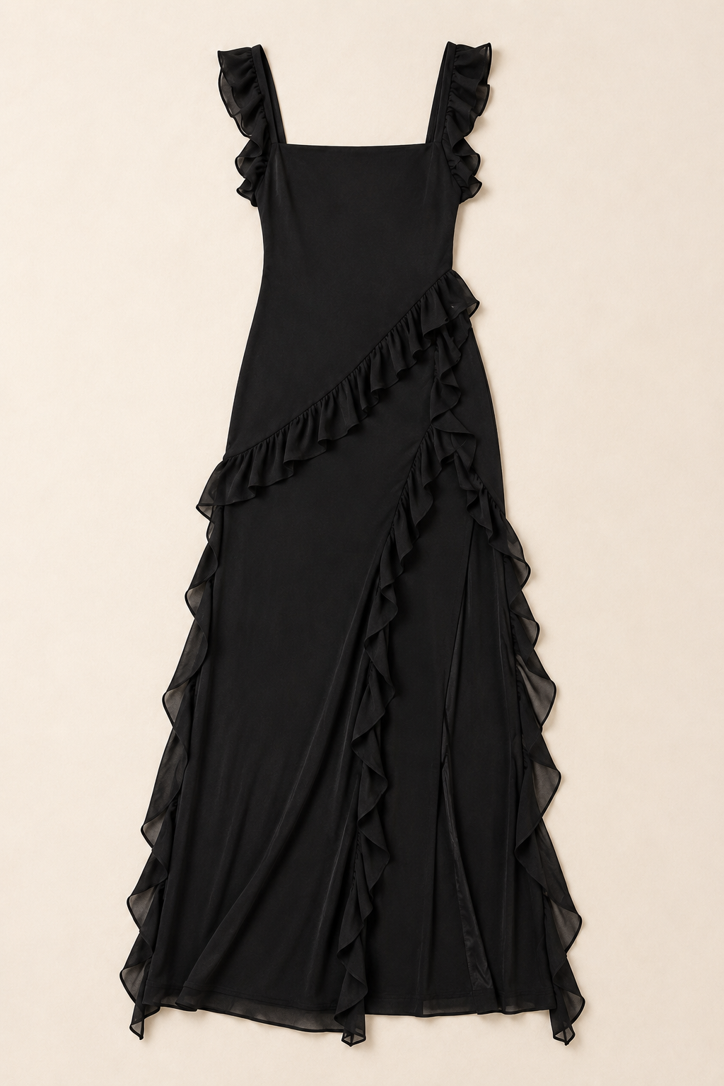 Black asymmetric ruffle high-slit maxi dress laid flat