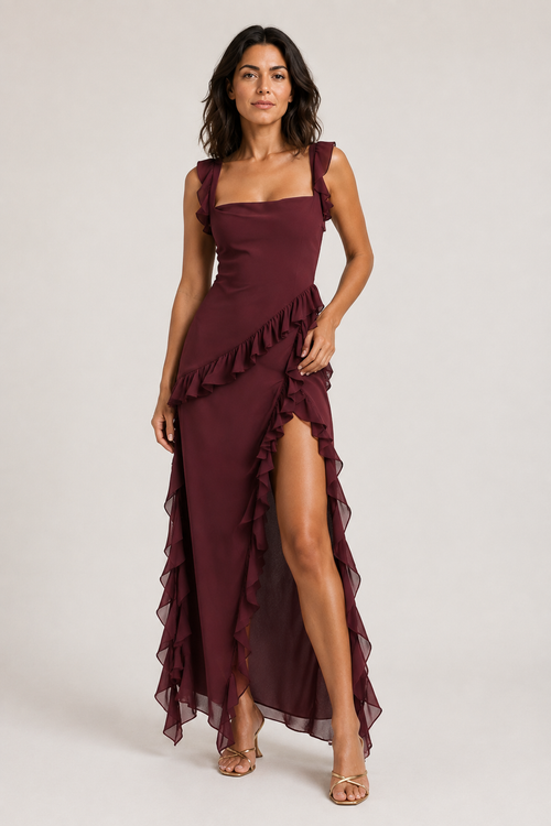 Woman wearing the dark red asymmetric ruffle high-slit maxi dress, front three-quarter view