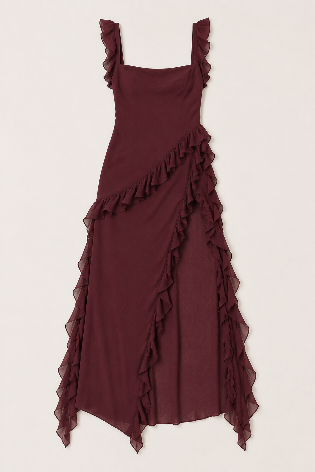 Dark red asymmetric ruffle high-slit maxi dress laid flat