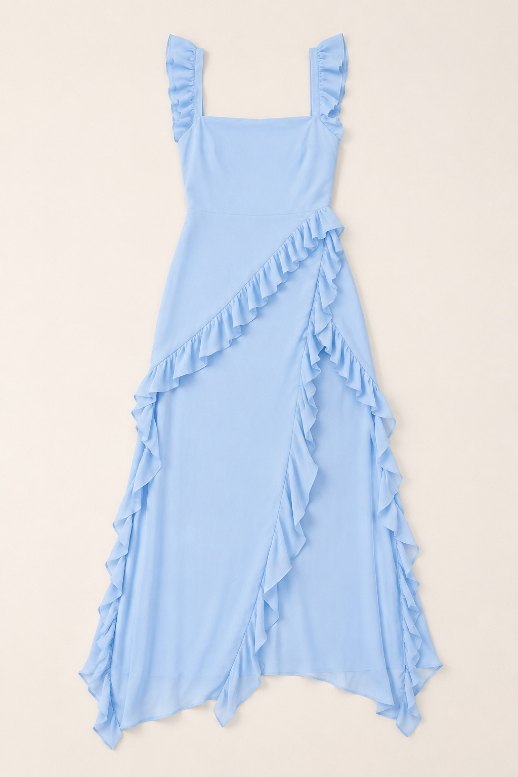 Light blue asymmetric ruffle high-slit maxi dress laid flat