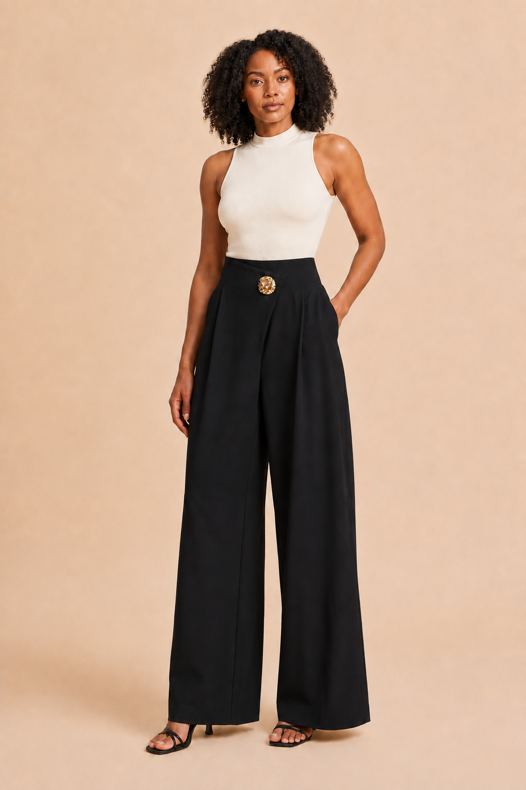 Woman wearing the black asymmetric high-waist wide-leg trousers, front three-quarter view