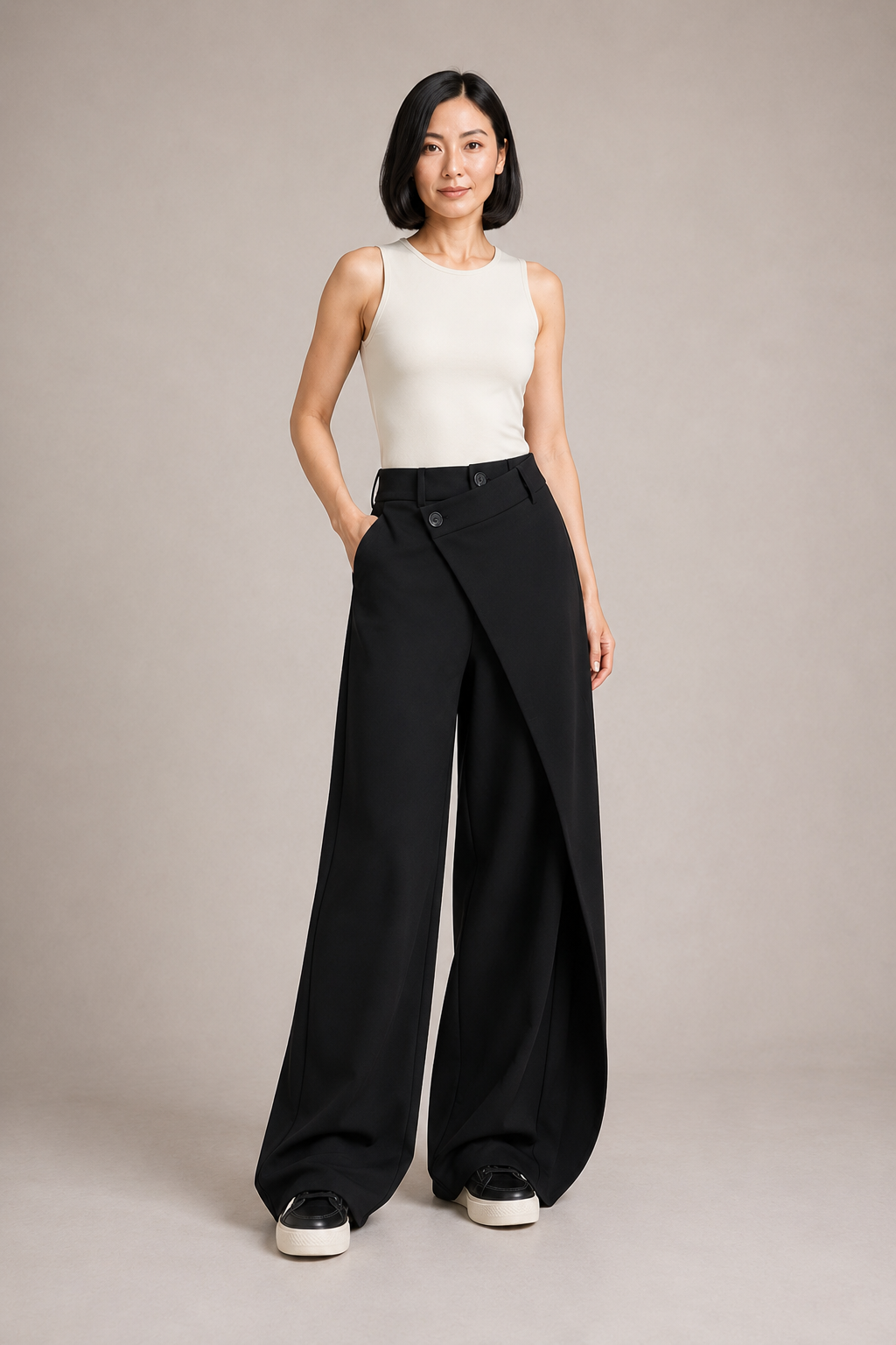 Woman wearing the black asymmetric-waist wide-leg trousers, front three-quarter view
