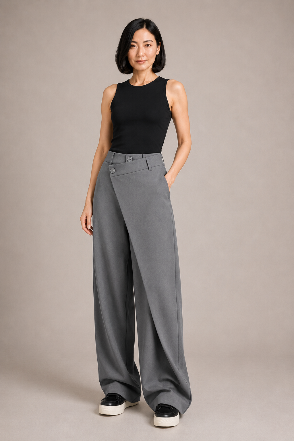 Asymmetric-Waist Wide-Leg Trousers