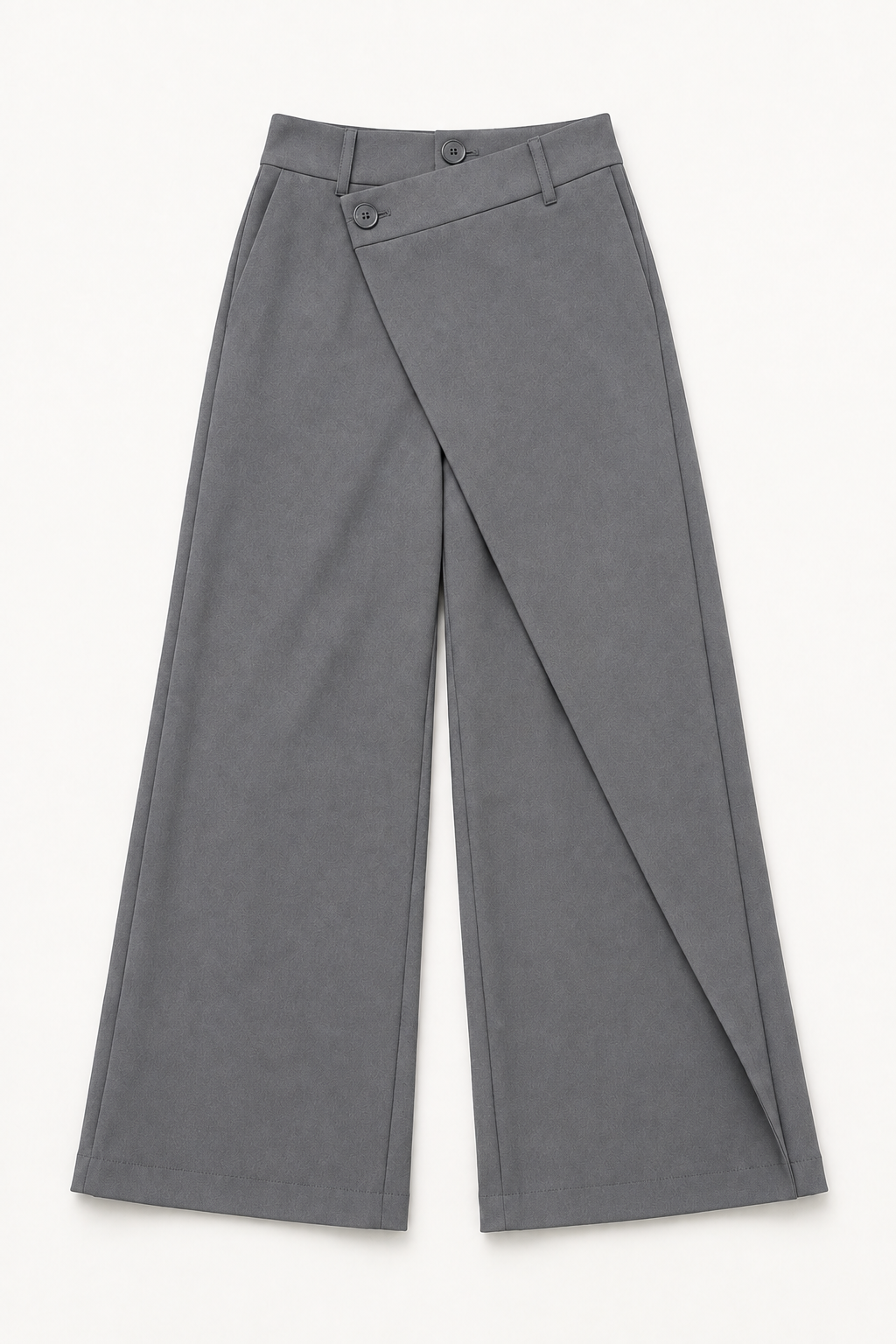 Flat-lay of the grey asymmetric-waist wide-leg trousers showing the wrap front and wide legs