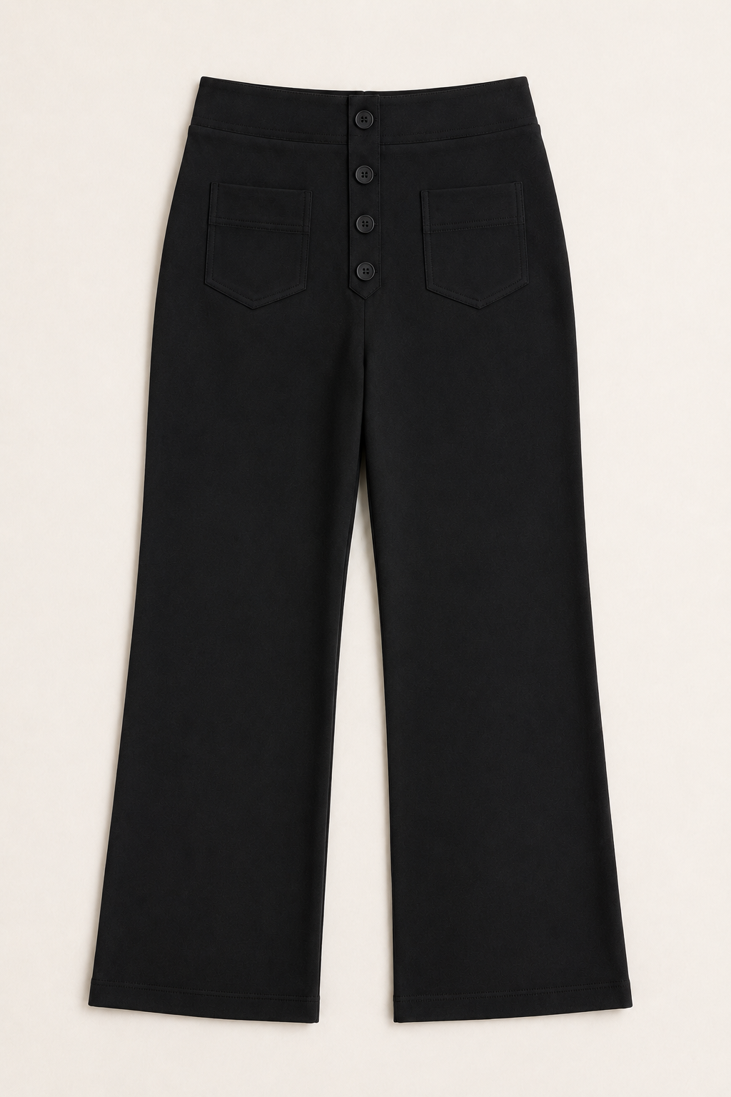Flat-lay of the black button-front high-waisted straight-leg trousers