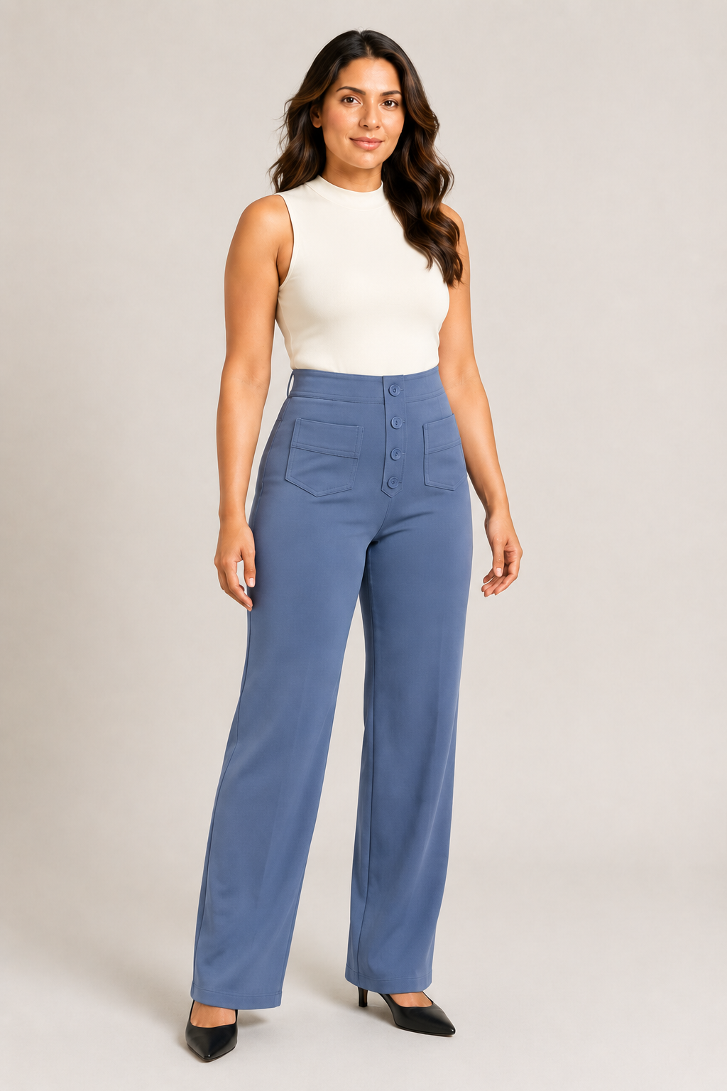 Woman wearing the blue button-front high-waisted straight-leg trousers, front three-quarter view