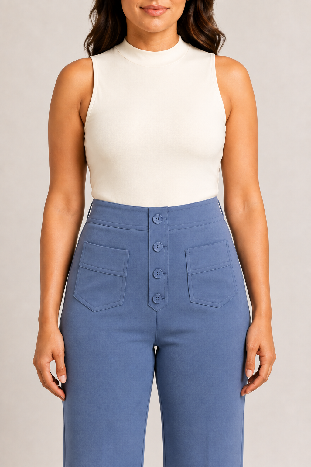Close-up of the blue trousers showing the four-button front placket, high waistband and patch pockets
