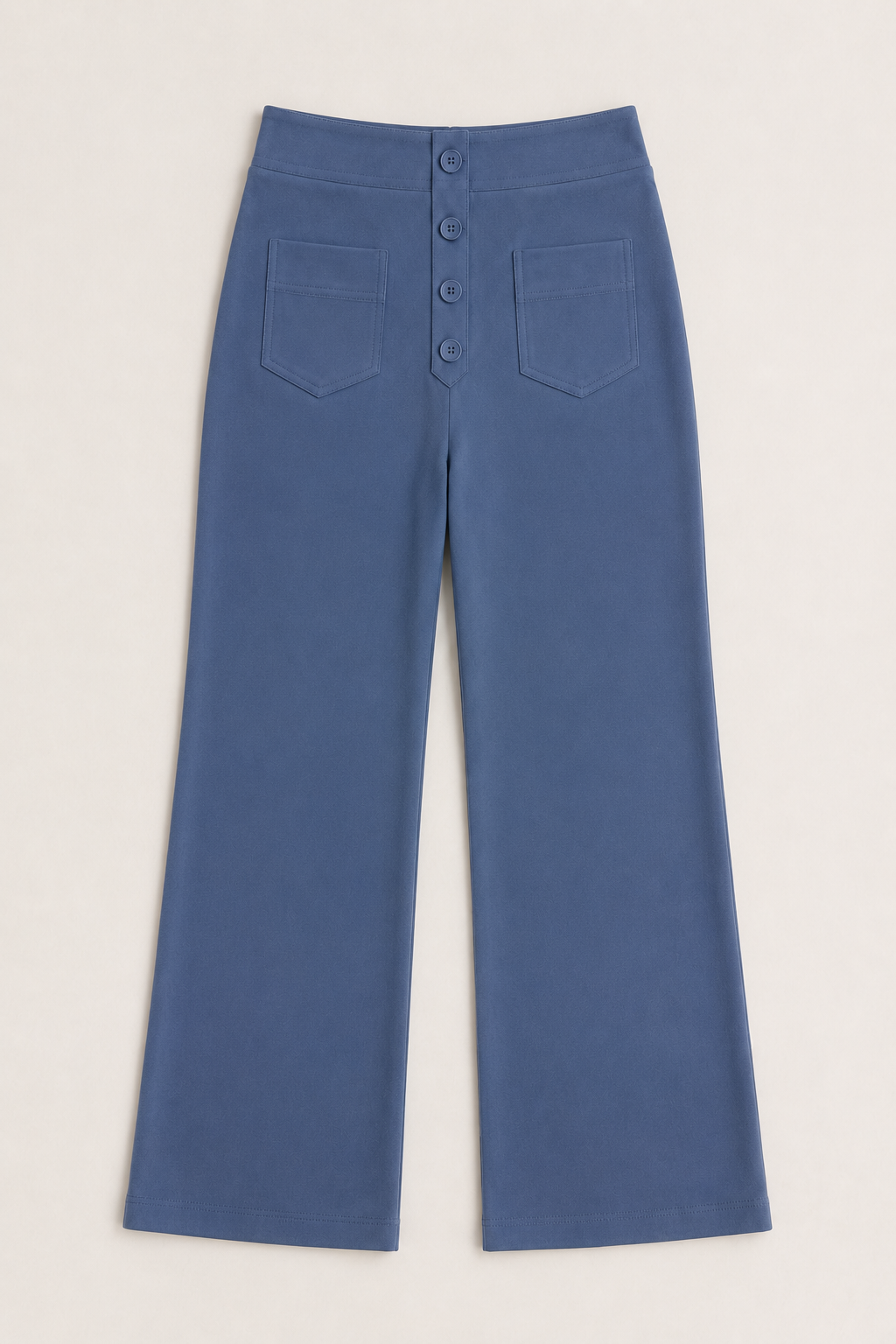 Flat-lay of the blue button-front high-waisted straight-leg trousers
